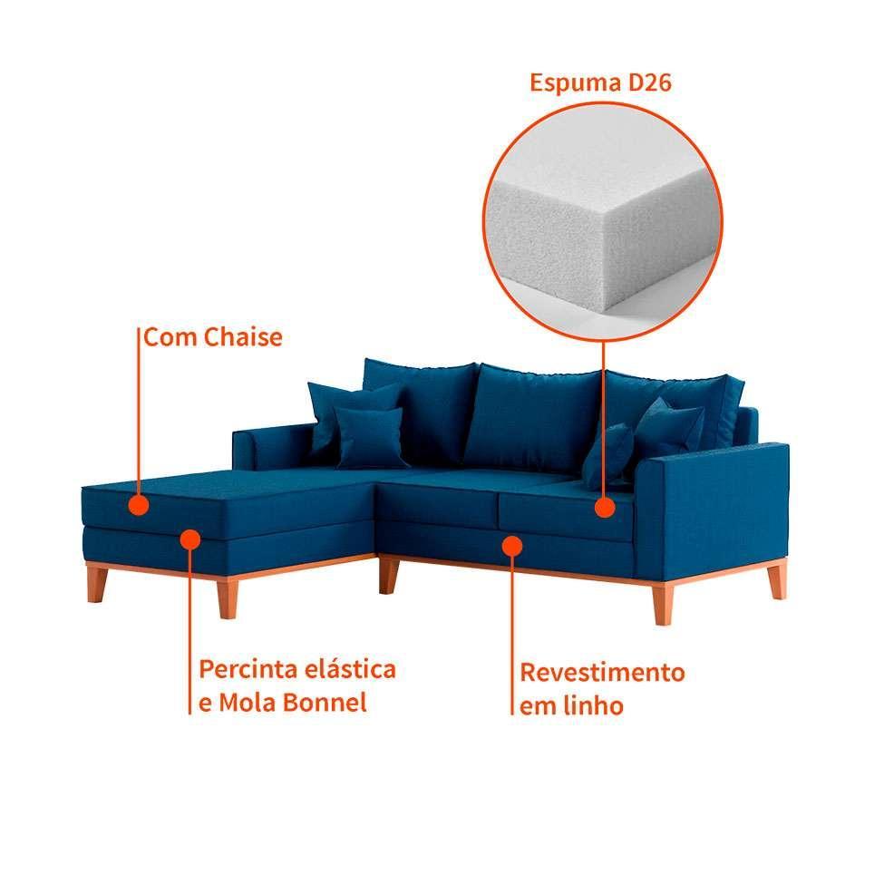 Sofá 3 Lugares Beny Com Chaise Esquerdo Linho Azul Marinho - 5