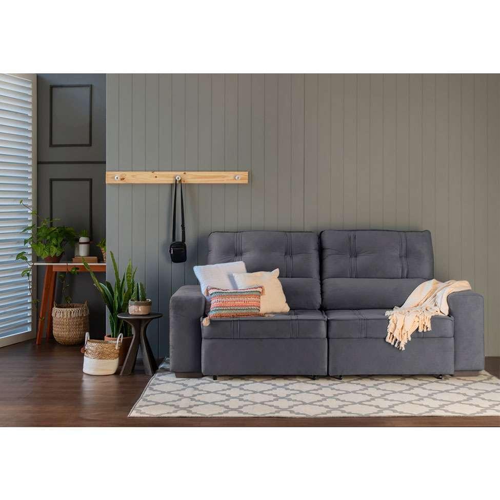 Sofá 3 Lugares Retrátil e Reclinável com Baú Lottus Suede Grafite - 2