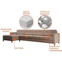 Sofá 4 Lugares Living com Chaise Esquerdo Pés e Base em Madeira Linho Cotton Bege
