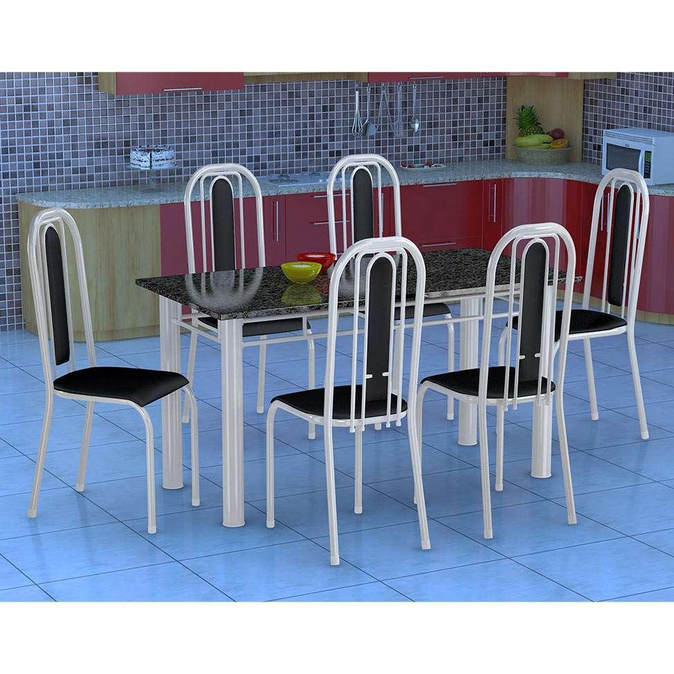 Conjunto de Mesa com 6 Cadeiras Granada Branco e Preto Liso - 1