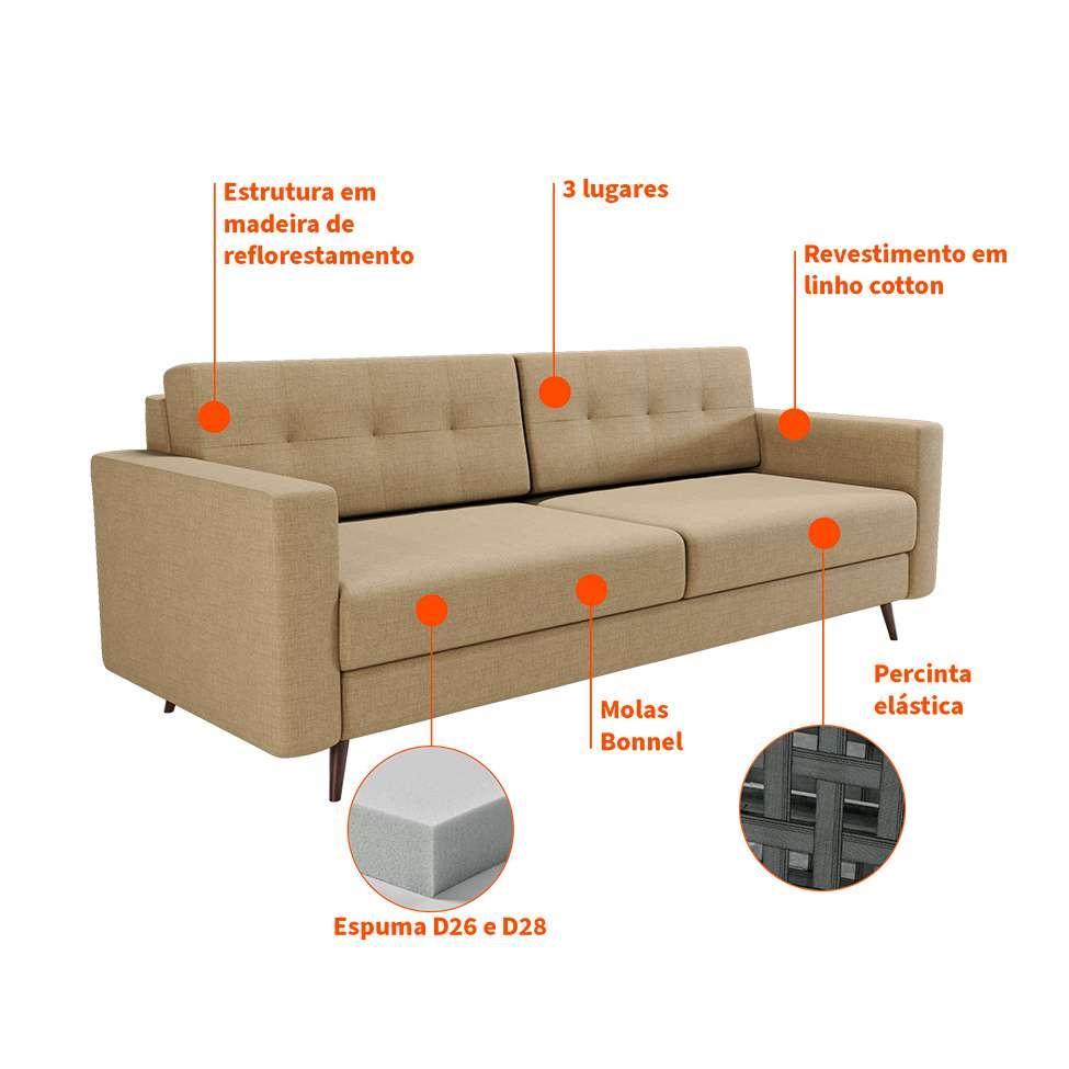 Sofá 3 Lugares Living Pé Palito Linho Cotton Bege 180 cm - 4