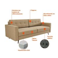 Sofá 3 Lugares Living Pé Palito Linho Cotton Bege 180 cm