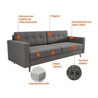 Sofá 3 Lugares Living Pé Palito Linho Cotton Cinza 180 cm - 5