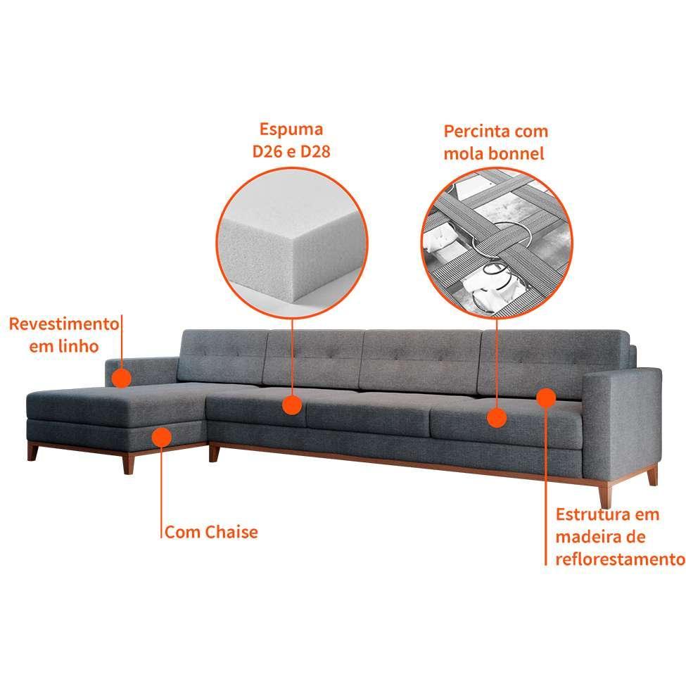 Sofá 4 Lugares Living com Chaise Esquerdo Pés e Base em Madeira Linho Cotton Cinza - 4
