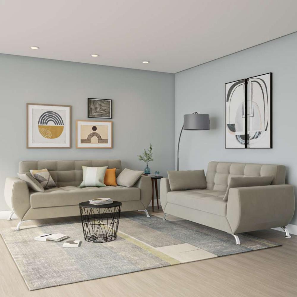 Conjunto de Sofá 2 e 3 Lugares Larissa Suede Bege - 1
