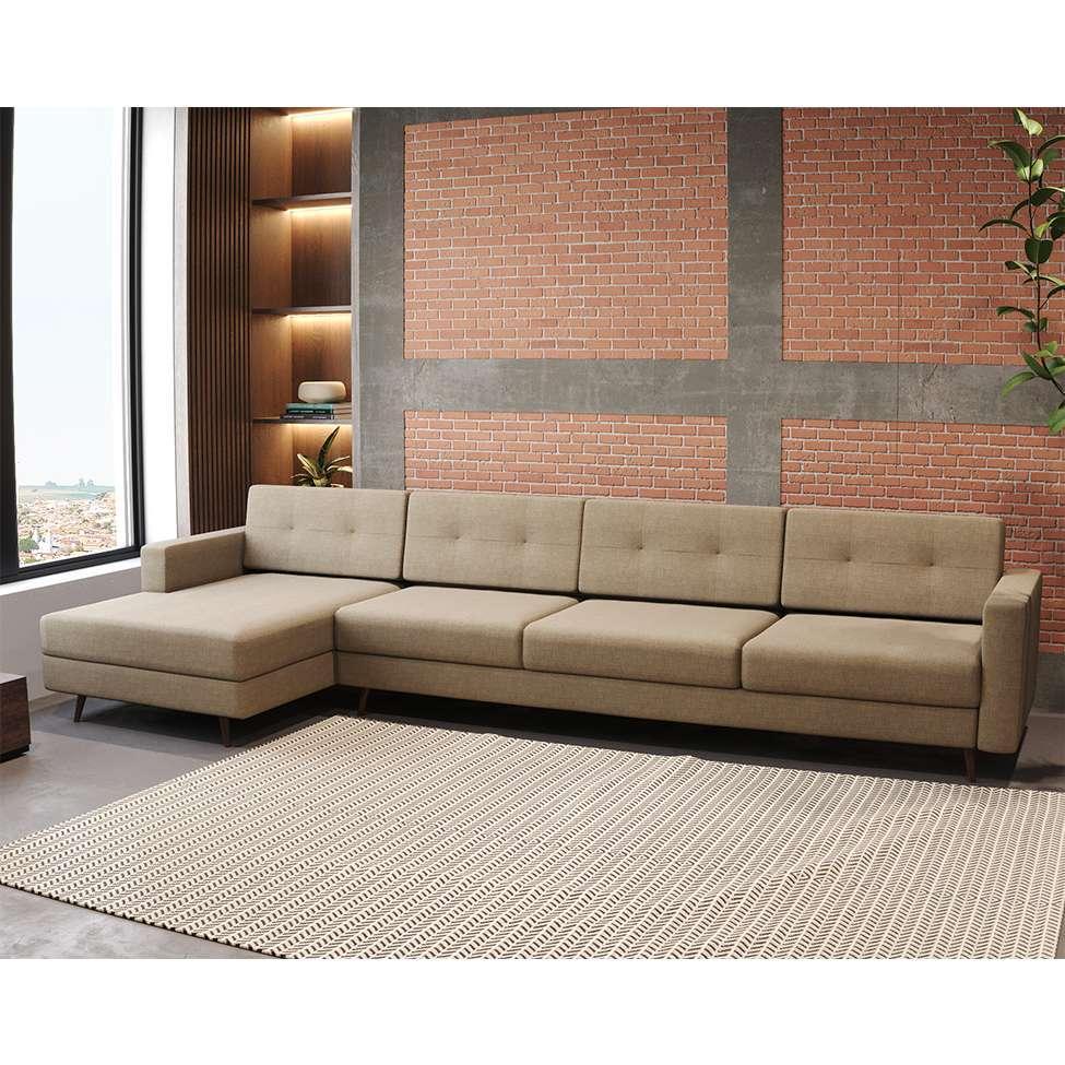 Sofá 4 Lugares Living com Chaise Esquerdo Pé Palito Linho Cotton Bege - 1