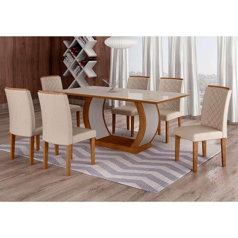 Conjunto de Mesa de Jantar com Vidro e 6 Cadeiras Maia I Veludo Imbuia e Creme - 1