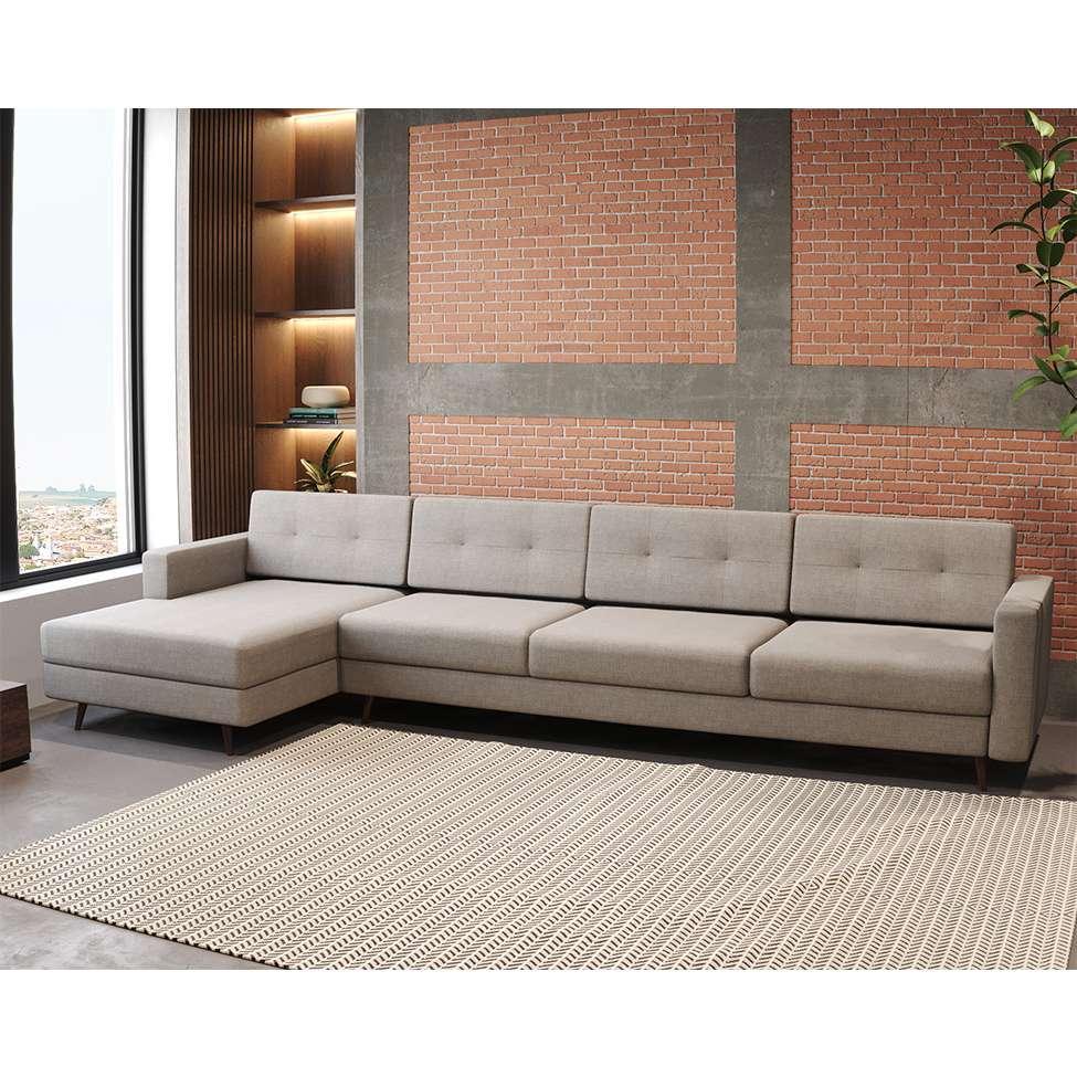Sofá 4 Lugares Living com Chaise Esquerdo Pé Palito Linho Cotton Cru - 1