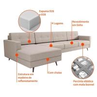 Sofá 4 Lugares Living com Chaise Esquerdo Pé Palito Linho Cotton Cru