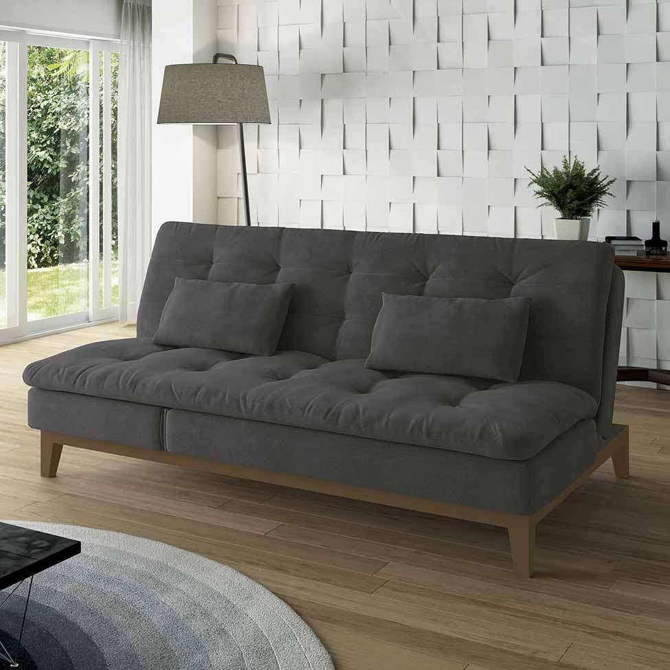 Sofá-Cama 3 Lugares Casal Amanda com Pés de Madeira Suede Cinza - 2