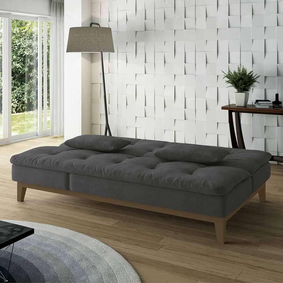 Sofá-Cama 3 Lugares Casal Amanda com Pés de Madeira Suede Cinza - 8