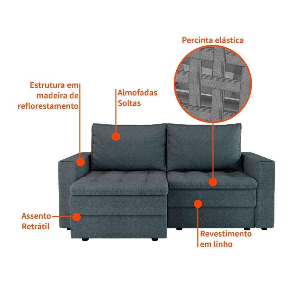 Sofá 3 Lugares Retrátil Berna Linho Cinza 180 cm - 4