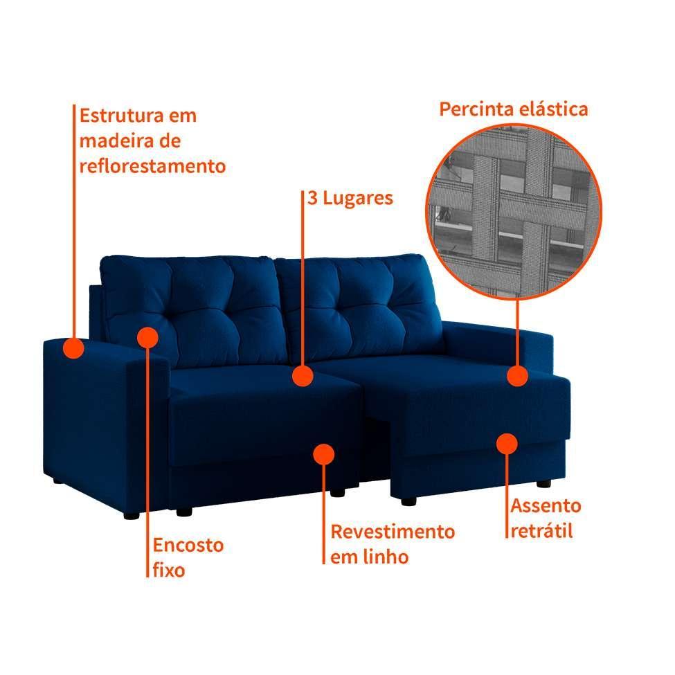 Sofá 3 Lugares Retrátil Lubeck Linho Azul Marinho - 4