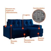 Sofá 3 Lugares Retrátil Lubeck Linho Azul Marinho