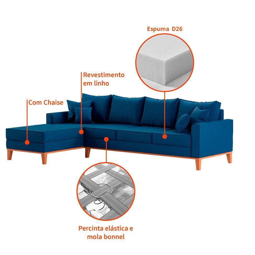 Sofá 4 Lugares Beny Com Chaise Esquerdo Linho Azul Marinho - 5