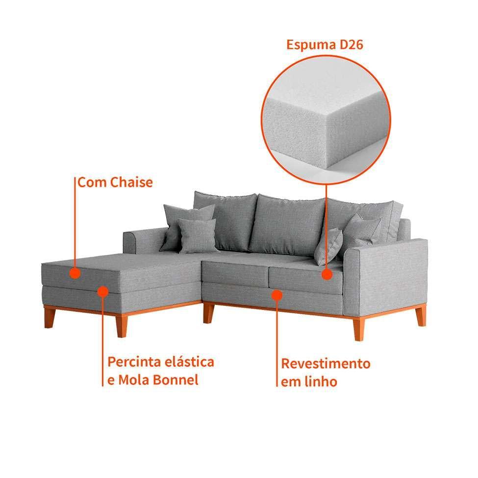 Sofá 3 Lugares Beny Com Chaise Esquerdo Linho Cinza - 5