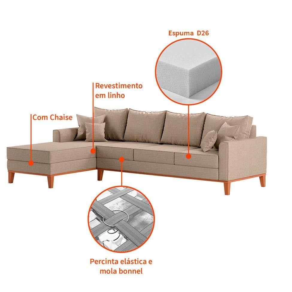 Sofá 4 Lugares Beny Com Chaise Esquerdo Linho Bege - 5