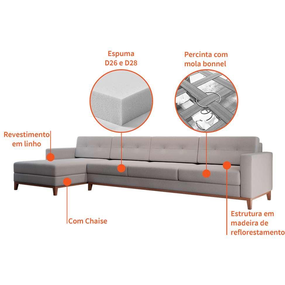 Sofá 4 Lugares Living com Chaise Esquerdo Pés e Base em Madeira Linho Cotton Cru - 4