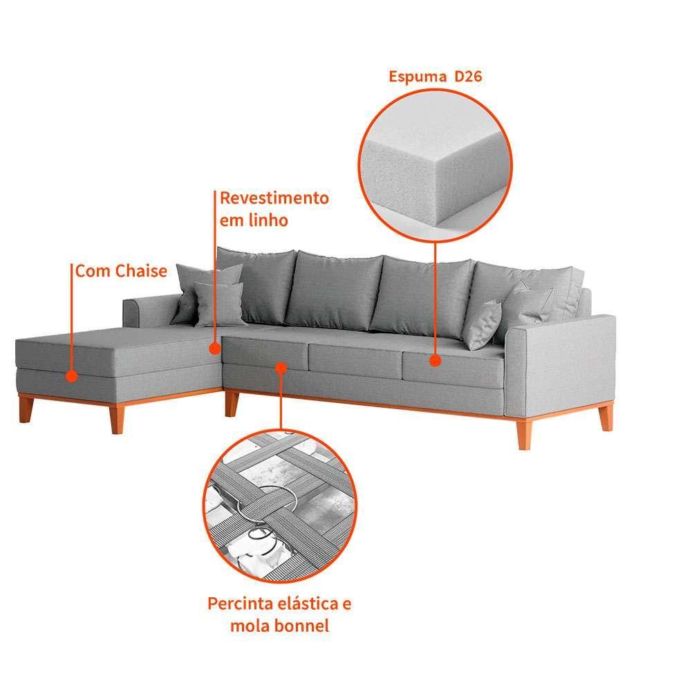 Sofá 4 Lugares Beny Com Chaise Esquerdo Linho Cinza - 5
