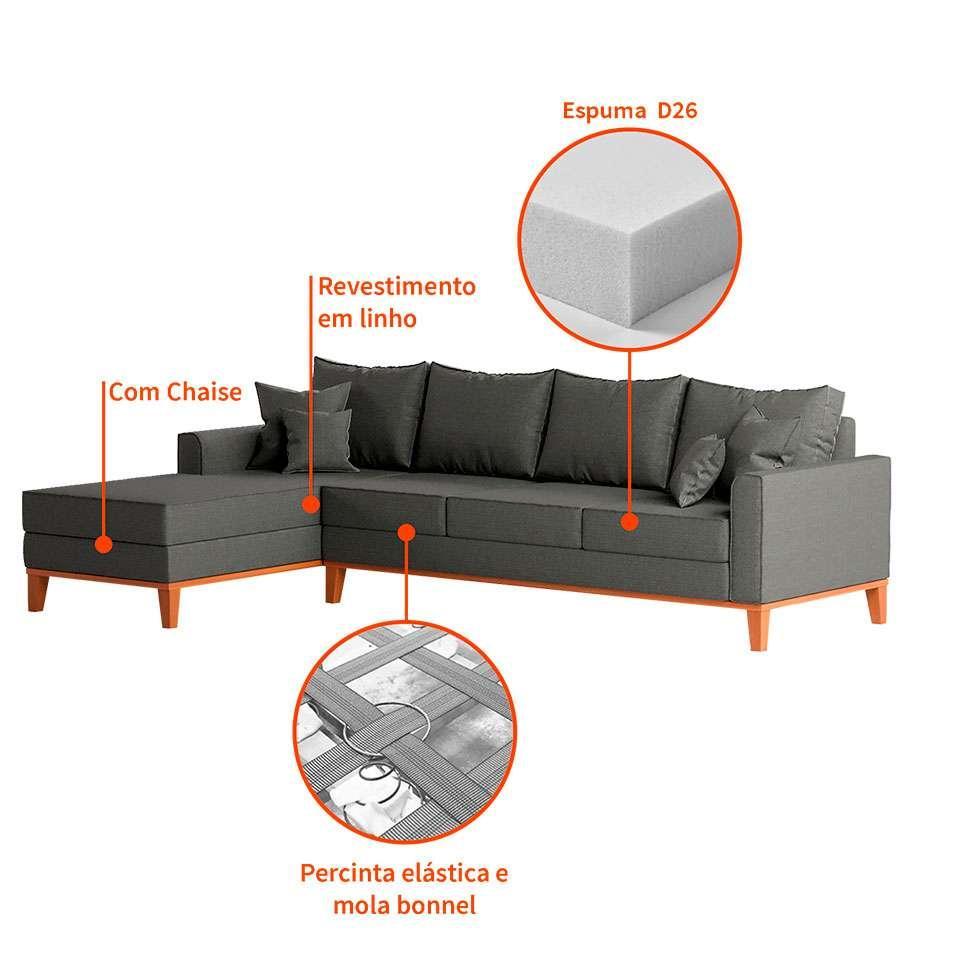 Sofá 4 Lugares Beny Com Chaise Esquerdo Linho Grafite - 5