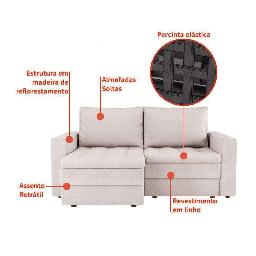 Sofá 3 Lugares Retrátil Berna Linho Cru 180 cm - 5