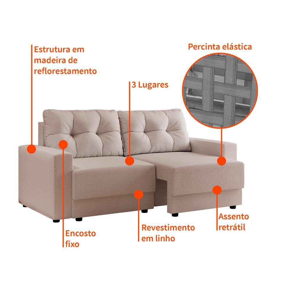 Sofá 3 Lugares Retrátil Lubeck Linho Cru - 4