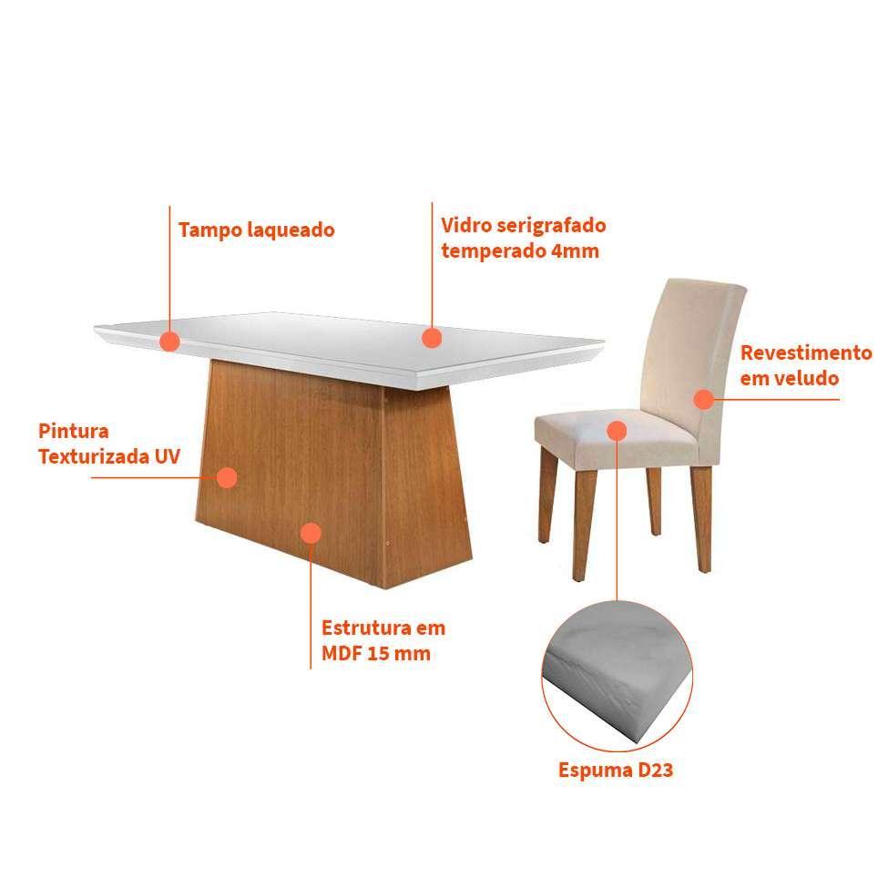 Conjunto de Mesa de Jantar Retangular com Tampo de Vidro Off White Luna e 6 Cadeiras Grécia Veludo Creme e Imbuia - 3
