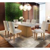 Conjunto de Mesa de Jantar Retangular com Tampo de Vidro Off White Luna e 6 Cadeiras Grécia Veludo Creme e Imbuia - 1