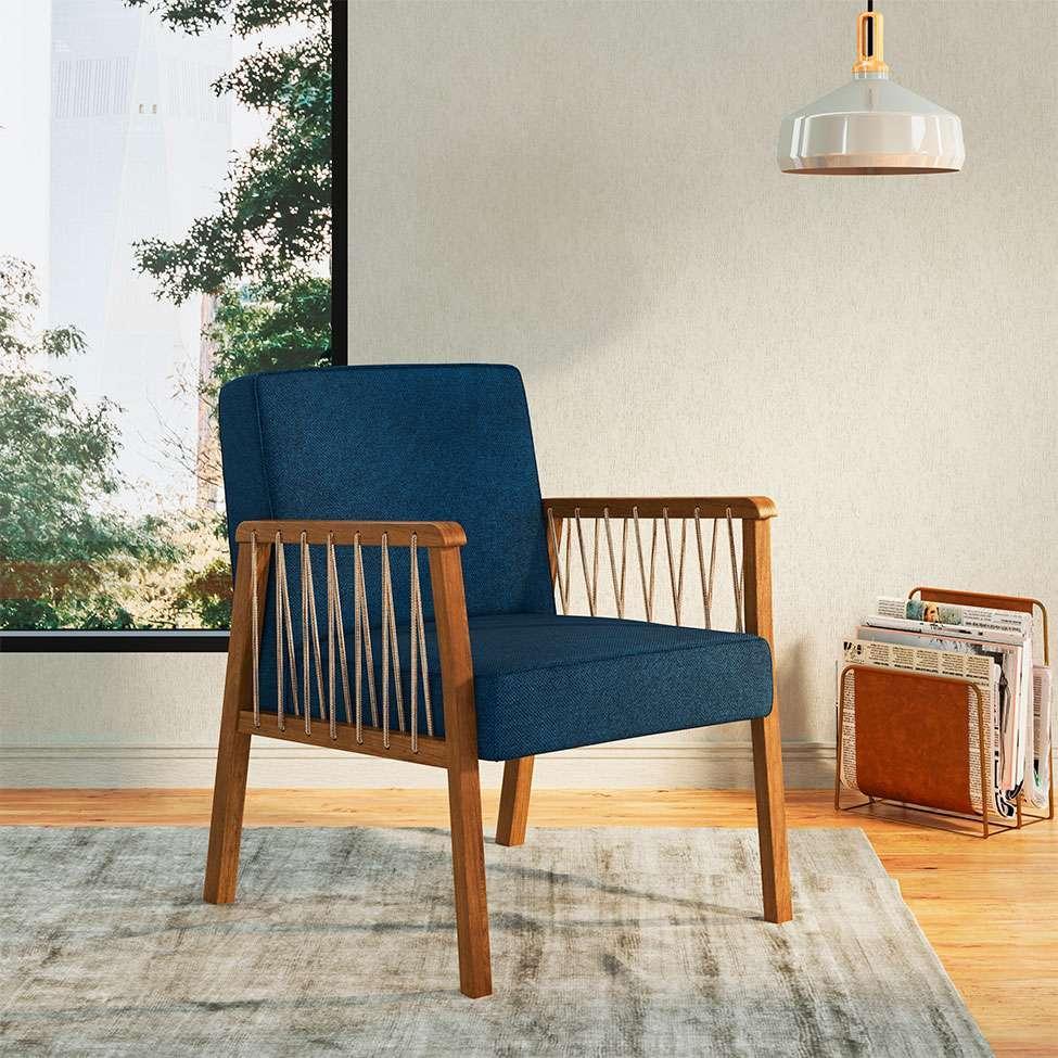 Poltrona Lara Poliéster Azul Marinho e Nogueira - 1