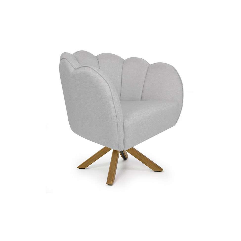 Poltrona Ariel Giratória Linho Creme e Madeira - 1