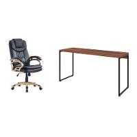 Conjunto de Mesa Studio Nogal 150 cm com Cadeira de Escritório Presidente Giratória com Relax Clark Preta e Dourada - 1