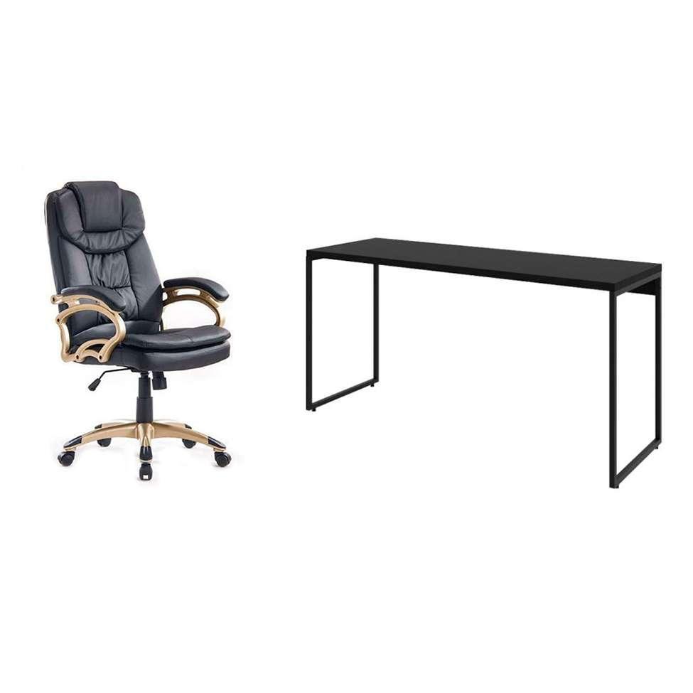 Conjunto de Mesa Studio 150 cm com Cadeira de Escritório Presidente Giratória com Relax Clark Preta e Dourada - 1