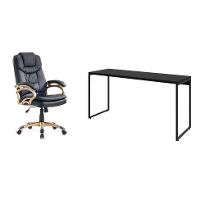 Conjunto de Mesa Studio 150 cm com Cadeira de Escritório Presidente Giratória com Relax Clark Preta e Dourada - 1