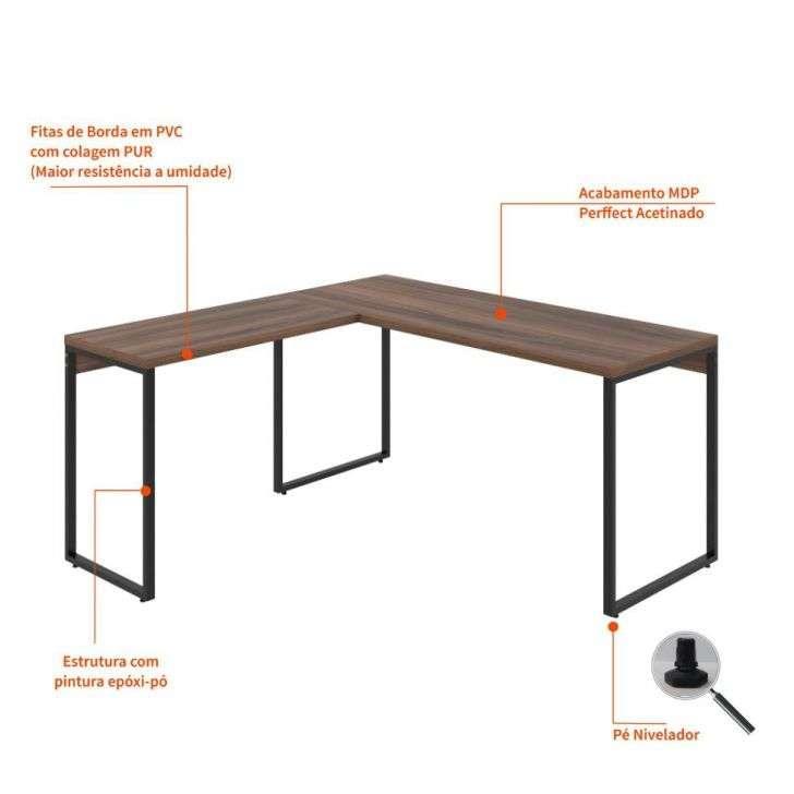 Conjunto de Mesa Kuadra Nogal 150 cm com Cadeira de Escritório Diretor Giratória Light Preta - 5