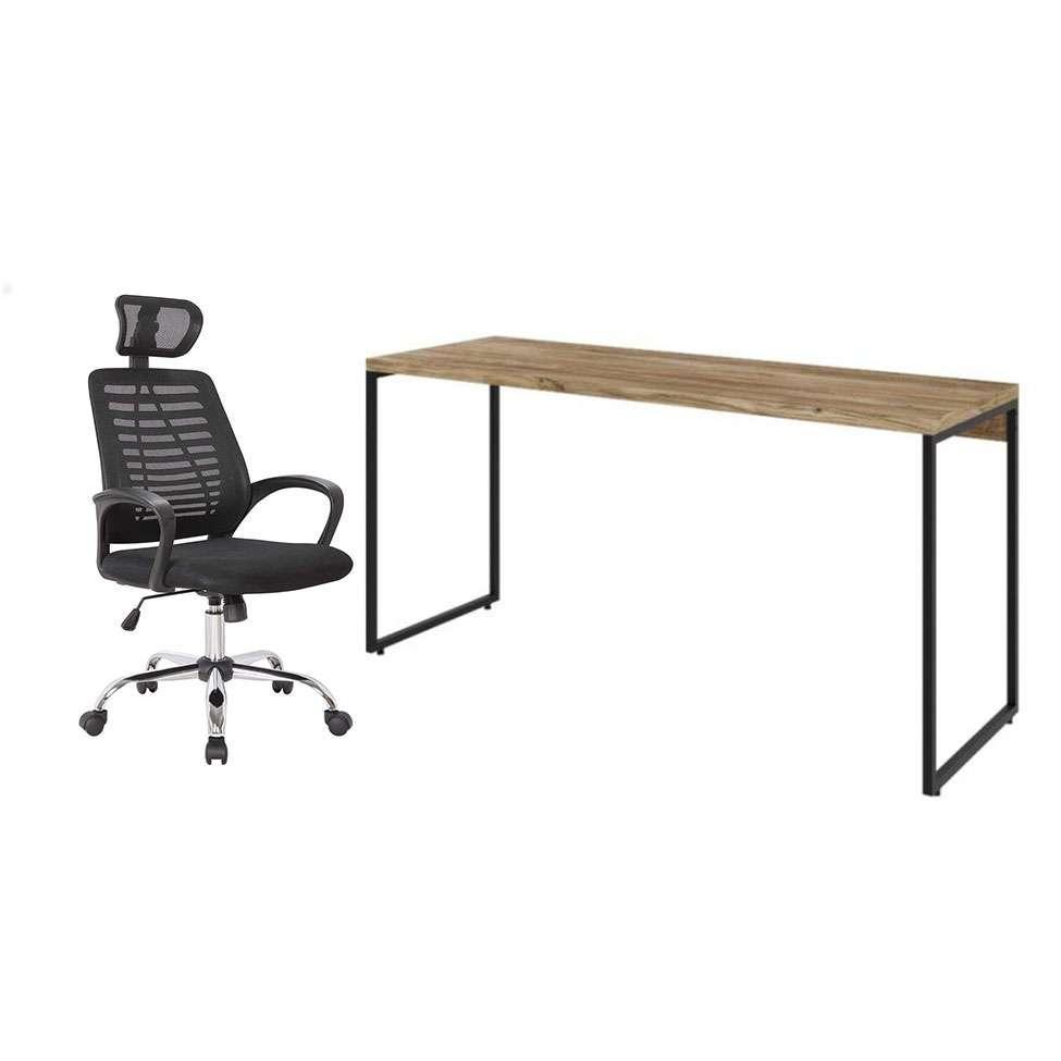 Conjunto de Mesa Studio Carvalho 150 cm com Cadeira de Escritório Diretor Giratória Light Preta - 1