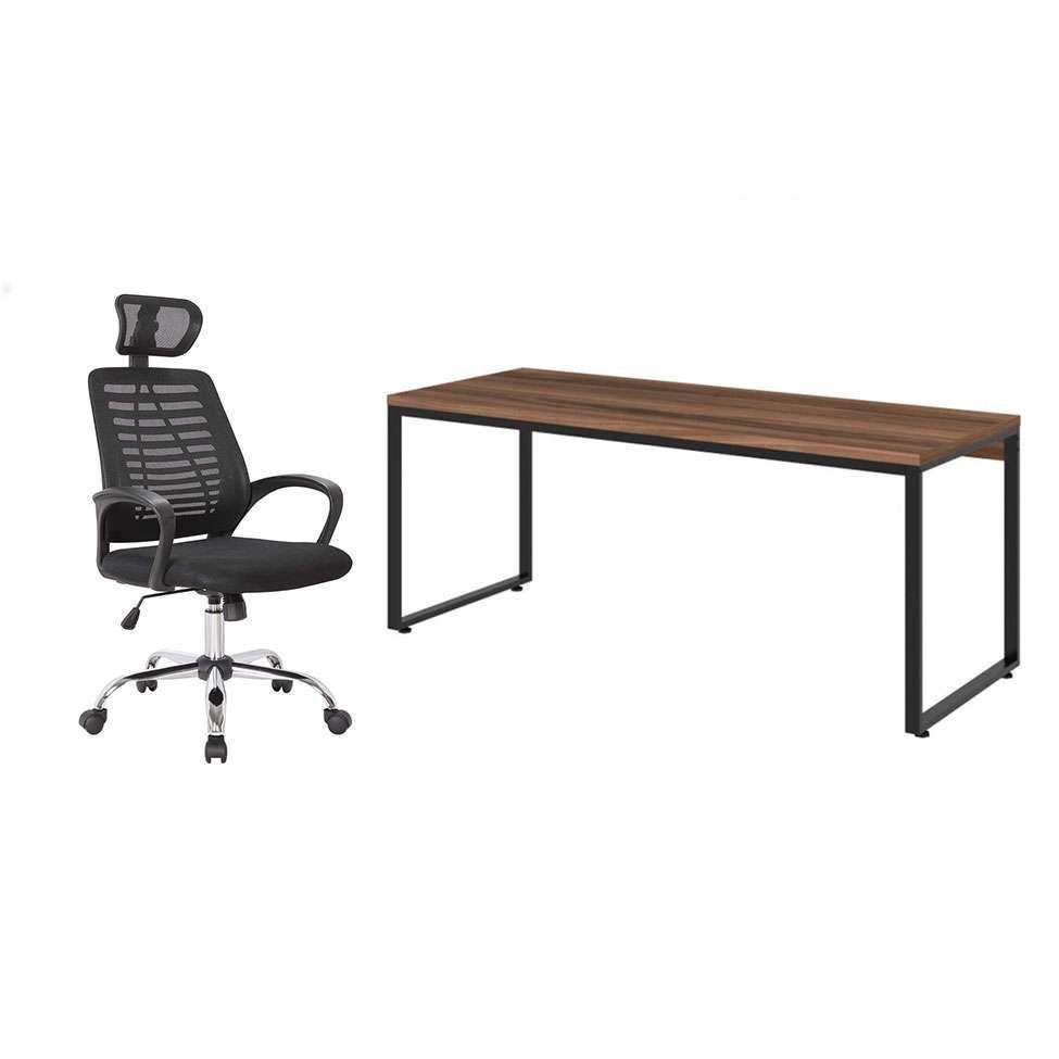 Conjunto de Mesa Kuadra Nogal com Cadeira de Escritório Diretor Giratória Light Preta - 1