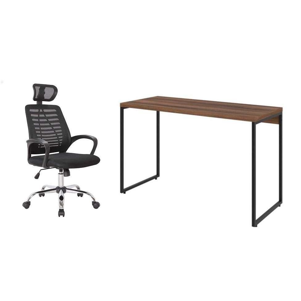 Conjunto de Mesa Studio Nogal 120 cm com Cadeira de Escritório Diretor Giratória Light Preta - 1