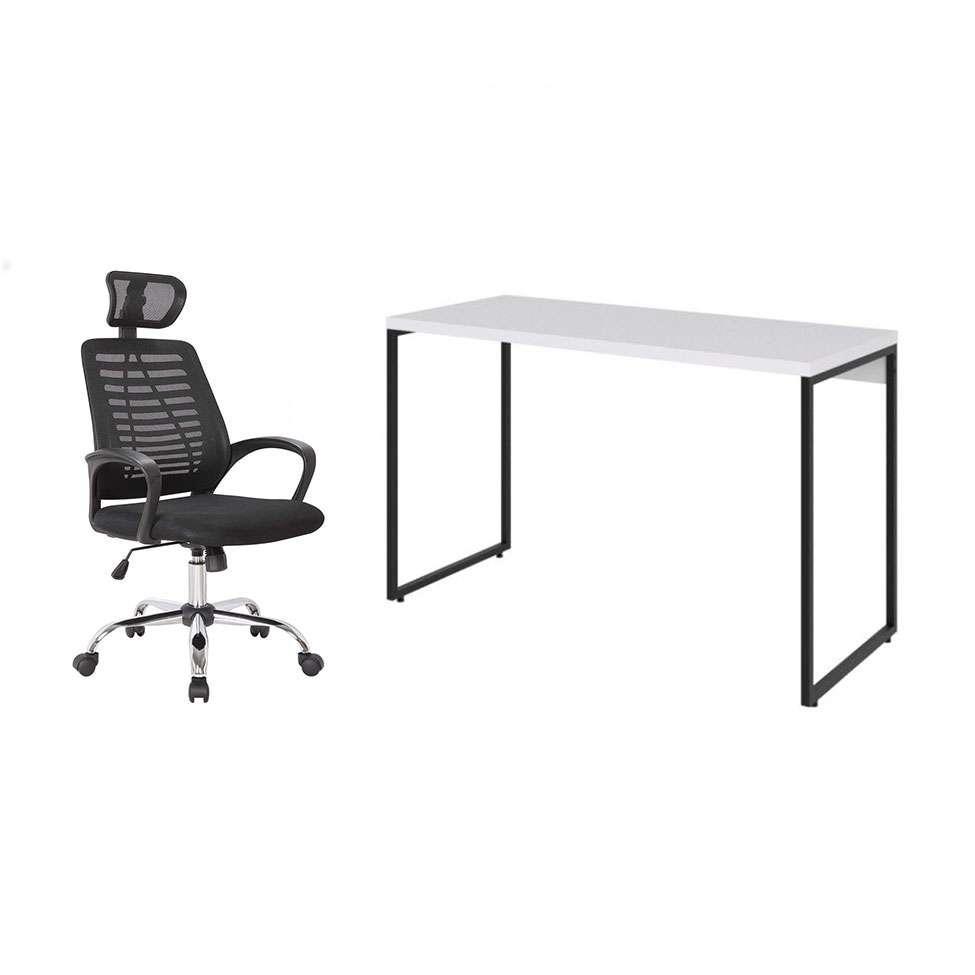 Conjunto de Mesa Studio Branca 120 cm com Cadeira de Escritório Diretor Giratória Light Preta - 1