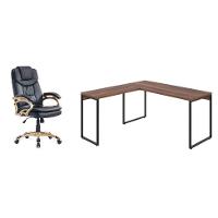 Conjunto de Mesa Kuadra Nogal 150 cm com Cadeira de Escritório Presidente Giratória com Relax Clark Preta e Dourada - 1