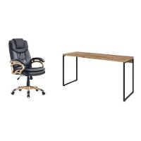 Conjunto de Mesa Studio Carvalho 150 cm com Cadeira de Escritório Presidente Giratória com Relax Clark Preta e Dourada - 1
