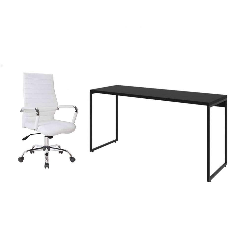 Conjunto de Mesa Studio Preta 150 cm com Cadeira de Escritório Diretor Giratória Cleaner Branca - 1
