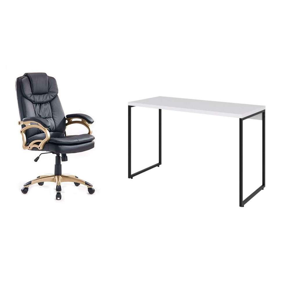 Conjunto de Mesa Studio Branca 120 cm com Cadeira de Escritório Presidente Giratória com Relax Clark Preta e Dourada - 1