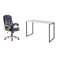 Conjunto de Mesa Studio Branca 120 cm com Cadeira de Escritório Presidente Giratória com Relax Clark Preta e Dourada - 1
