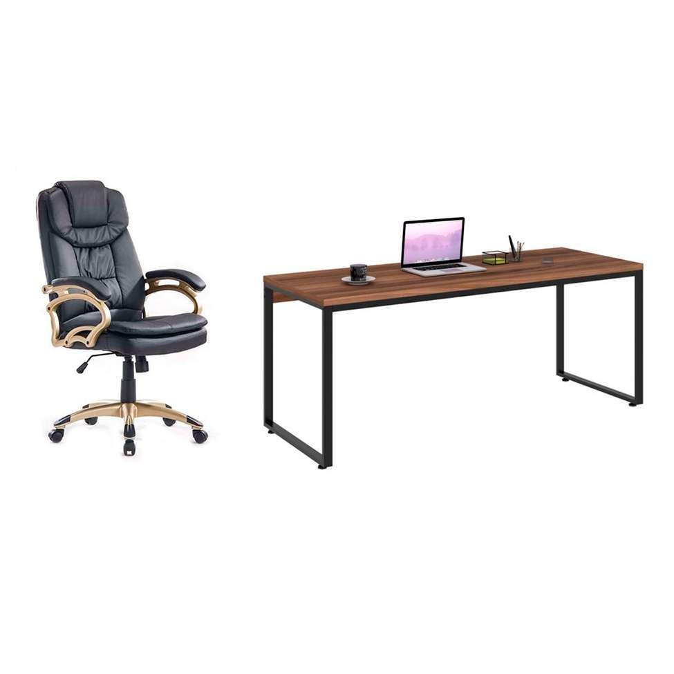 Conjunto de Mesa Kuadra Nogal com Cadeira de Escritório Presidente Giratória com Relax Clark Preta e Dourada - 1