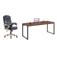 Conjunto de Mesa Kuadra Nogal com Cadeira de Escritório Presidente Giratória com Relax Clark Preta e Dourada - 1