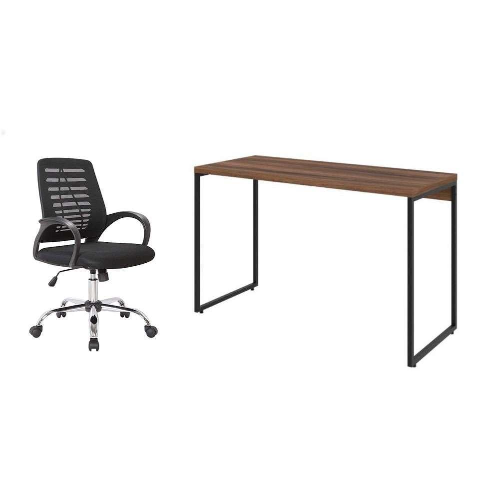 Conjunto de Mesa Studio Nogal 120 cm com Cadeira de Escritório Secretária Giratória Light Preta - 1