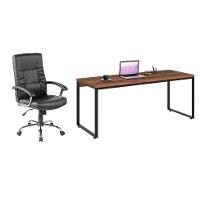 Conjunto de Mesa Kuadra Nogal com Cadeira de Escritório Presidente Giratória com Relax Office Plus Preta - 1