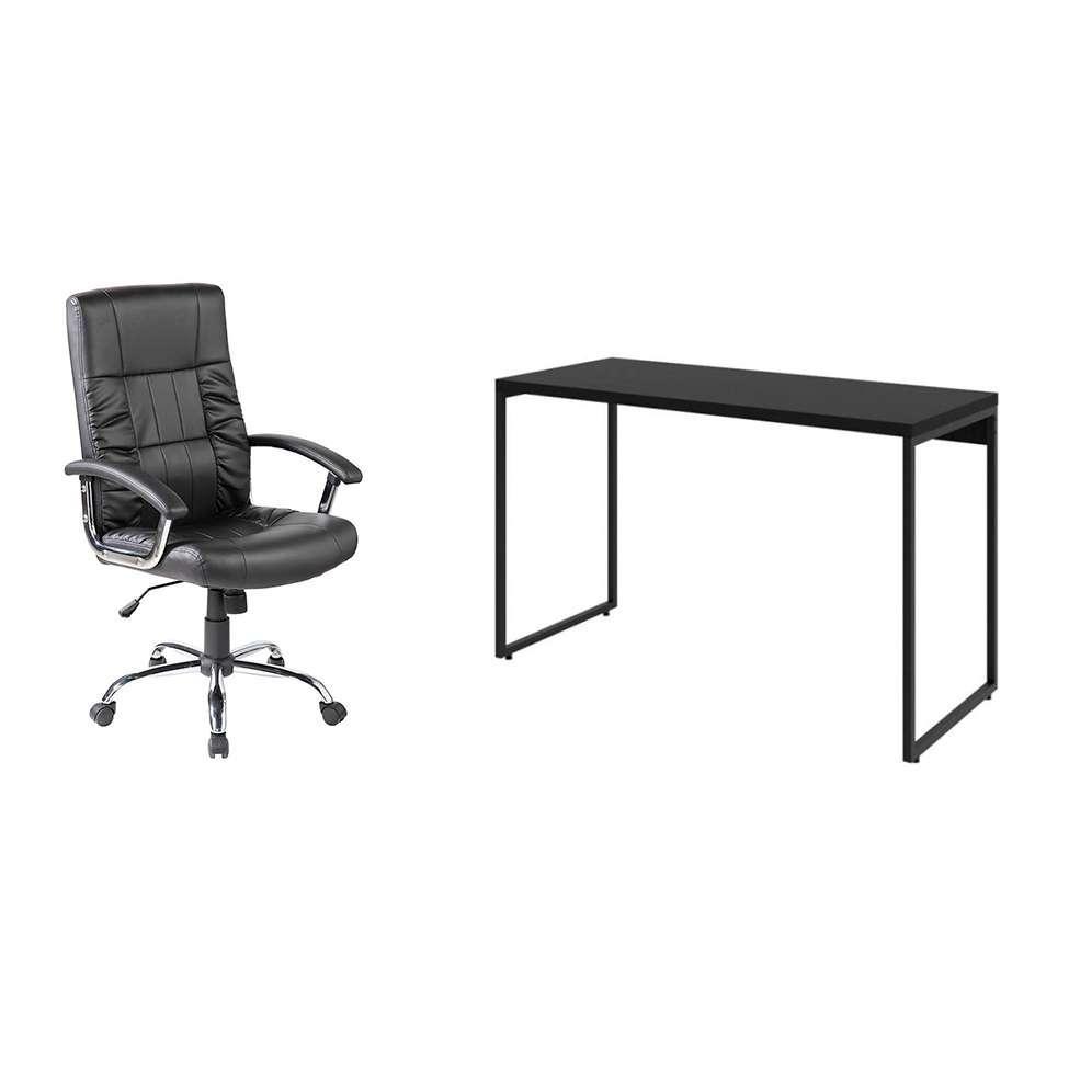 Conjunto de Mesa Studio 120 cm com Cadeira de Escritório Presidente Giratória com Relax Office Plus Preta - 1