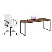 Conjunto de Mesa Kuadra Nogal e Preta com Cadeira de Escritório Diretor Giratória Oslo Branca - 1