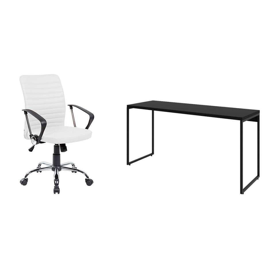 Conjunto de Mesa Studio Preta 150 cm com Cadeira de Escritório Diretor Giratória Oslo Branca - 1